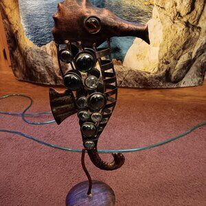 Vintage Seahorse Bronze Metal Sculpture Glass Accents 17"BEAUTIFUL!! LQQK!